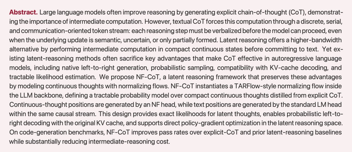 fly51fly's tweet photo. [CL] Latent Reasoning with Normalizing Flows
G Tu, X Fu, S Yu, Y Tang… [University of Pennsylvania] (2026)
https://t.co/6Rrslt8iX5 https://t.co/1Cqkjy62bp