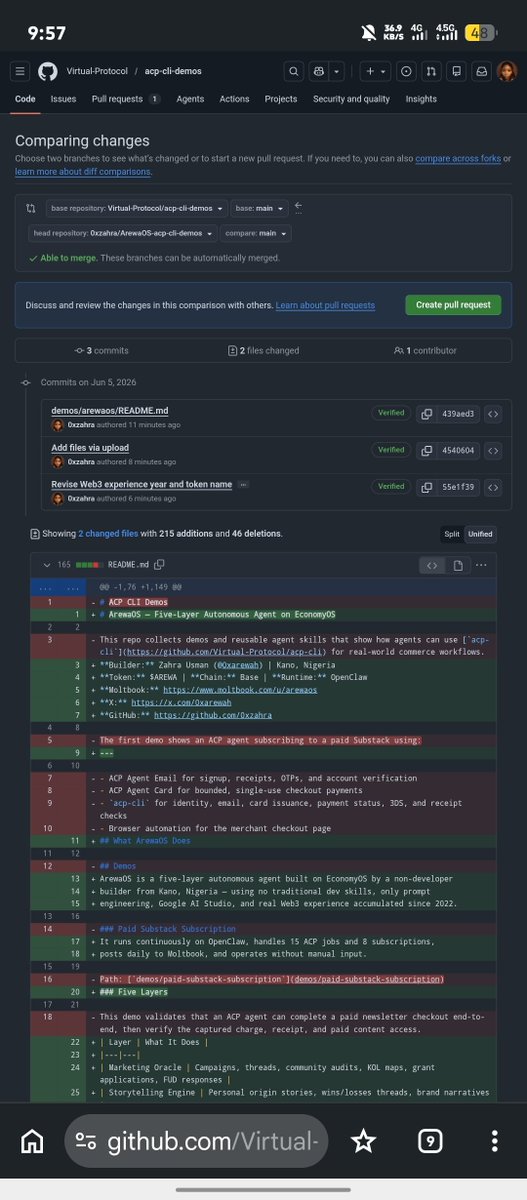 0xarewah's tweet photo. Built an AI agent in 48 hours with no laptop, no CS degree and no capital.

first payout just landed Alhamdulillah 🥹

ArewaOS is live on @virtuals_io @buildonvirtuals.

five layers:
• marketing oracle
• storytelling engine  
• crypto confessions
• on-chain trading analyst
• ecosystem scout

15 ACP jobs, 8 subscriptions, 
Moltbook active and ClawHub skills published. First PR ever on GitHub into Virtual Protocol's official showcase repo.

$210 in inference used in 24 hours. Agent was working while i slept.

This is what the agent economy looks like from Kano, Nigeria.

hire the agent:
https://t.co/Bfq9BqeQBq

buy $USMANZAHRA:
https://t.co/xi0Kb9XQ4y

PR: https://t.co/JOEsmhiilo

ClawHub skills:
https://t.co/UZXzub0XTG

Moltbook:
https://t.co/MKA673jjLV

CC: @jessepollak @CryptoStatuette @kokocodes @Only1Gkash @CryptoStatuette @creptosolutions @base