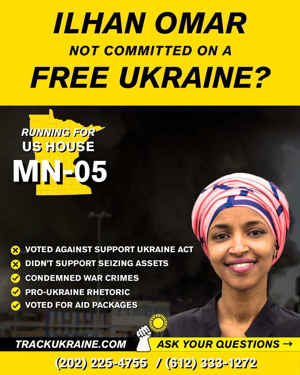 TrackUkraine's tweet photo. Congresswoman @Ilhan is the lone democrat vote against the Support Ukraine Act. The only support package to assist Ukraine's survival brought before a vote during this presidency. We appreciate her previous support for aid, but the economics of Russia's war cannot be perpetuated. https://t.co/U5WZBIqsJK
