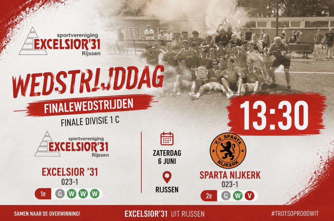 excelsior31's tweet photo. ⚪🔴 𝗙𝗜𝗡𝗔𝗟𝗘𝗪𝗘𝗗𝗦𝗧𝗥𝗜𝗝𝗗! ⚪🔴

Morgen is het zover! Onze O23-1 neemt het in de finale van de nacompetitie op tegen Sparta Nijkerk O23-1.

🏟 Sportpark De Koerbelt, Rijssen
🗓 Zaterdag 6 juni
⏰ 13:30 uur

#TrotsOpRoodWit #Excelsior31 #Rijssen #Finale #O231 https://t.co/JRuroyjGWV