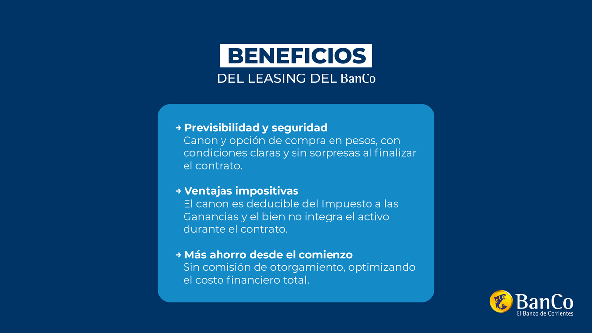 BancodeCtes's tweet photo. Con la Línea Leasing del BanCo, podés incorporar maquinaria, vehículos y bienes productivos mientras los utilizás para generar ingresos desde el primer día 🚜✅

Una herramienta pensada para acompañar el crecimiento de tu negocio con mayor previsibilidad y respaldo financiero.

Más info en 🌐 https://t.co/KIFLLmmshf