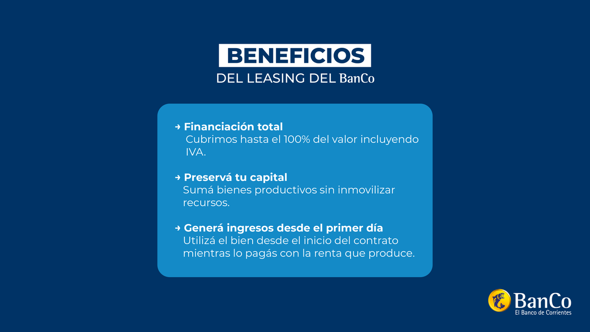 BancodeCtes's tweet photo. Con la Línea Leasing del BanCo, podés incorporar maquinaria, vehículos y bienes productivos mientras los utilizás para generar ingresos desde el primer día 🚜✅

Una herramienta pensada para acompañar el crecimiento de tu negocio con mayor previsibilidad y respaldo financiero.

Más info en 🌐 https://t.co/KIFLLmmshf