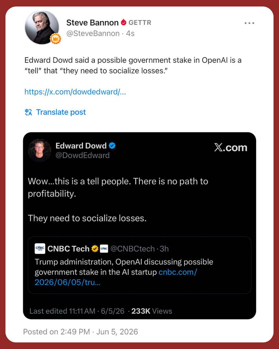 Bannons_WarRoom's tweet photo. Edward Dowd said a possible government stake in OpenAI is a “tell” that “they need to socialize losses.”

https://t.co/QQK3q52OLA https://t.co/CL9dd7TOMS