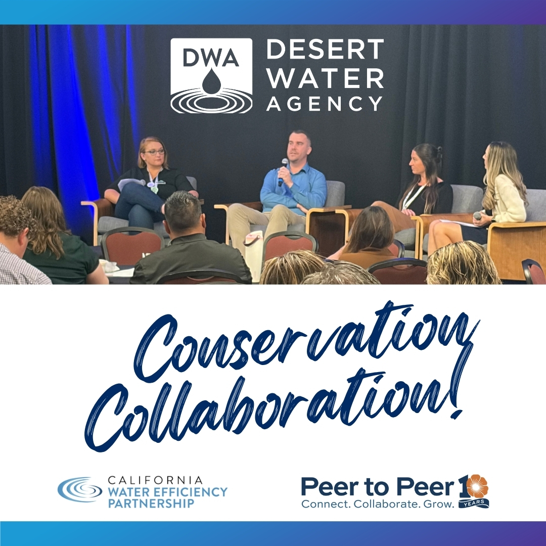 DWAwater's tweet photo. Conservation Manager Clark Elliott represented DWA at CalWEP’s Peer to Peer 2026 conference, joining a panel on non-functional turf &amp; how water providers are preparing for statewide conservation regulations. Thanks, Clark! 🙌

#DesertWaterAgency #Conservation #DWAInAction https://t.co/oxuUg7ezCG