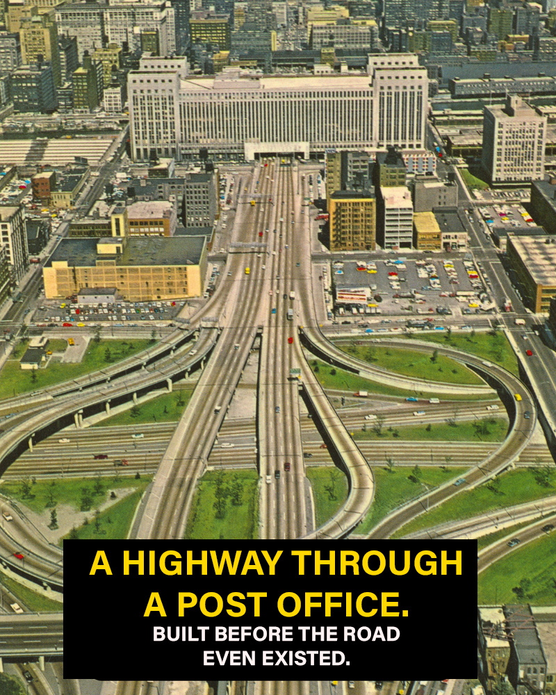 archpng's tweet photo. A highway runs straight through this Chicago building — but the strangest part is that the building came first.

The Old Chicago Main Post Office was built in stages between 1921 and 1932, at a time when Chicago’s mail-order industry was booming through companies like Sears and Montgomery Ward. To handle the city’s enormous postal traffic, architects Graham, Anderson, Probst & White designed a massive postal facility of more than 2.5 million square feet.

But planners also knew that a future east-west roadway from the 1909 Plan of Chicago would one day pass through the site. So they left a huge opening through the base of the building — decades before the expressway arrived.

For years, that opening was used for truck entrances. Then, in the 1950s, the Congress Expressway — later renamed the Eisenhower Expressway — finally passed through it.

The building closed as a post office in 1996 and sat empty for decades before being transformed through a massive restoration into offices and event space.

One of Chicago’s boldest examples of planning for a road that didn’t exist yet.