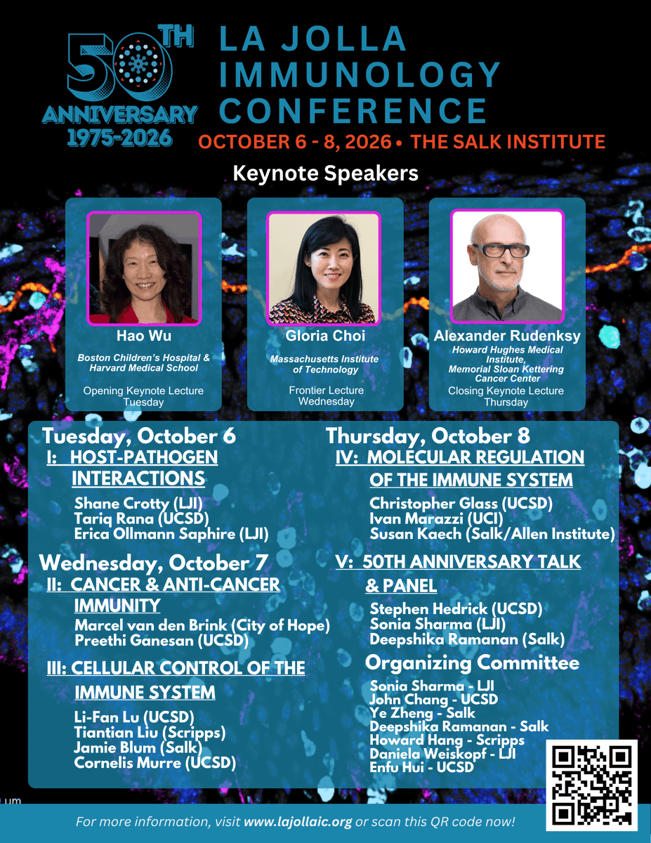 lajollaic's tweet photo. We are thrilled to announce the 50th Anniversary La Jolla Immunology Conference taking place October 6-8, 2026 at the Salk Institute! Registration &amp; abstract submissions open July 1st! https://t.co/GIsHJxgyln  

#immunology #salk #ucsd #scrippsresearch #lajollainstitute https://t.co/bvkkc998Nl