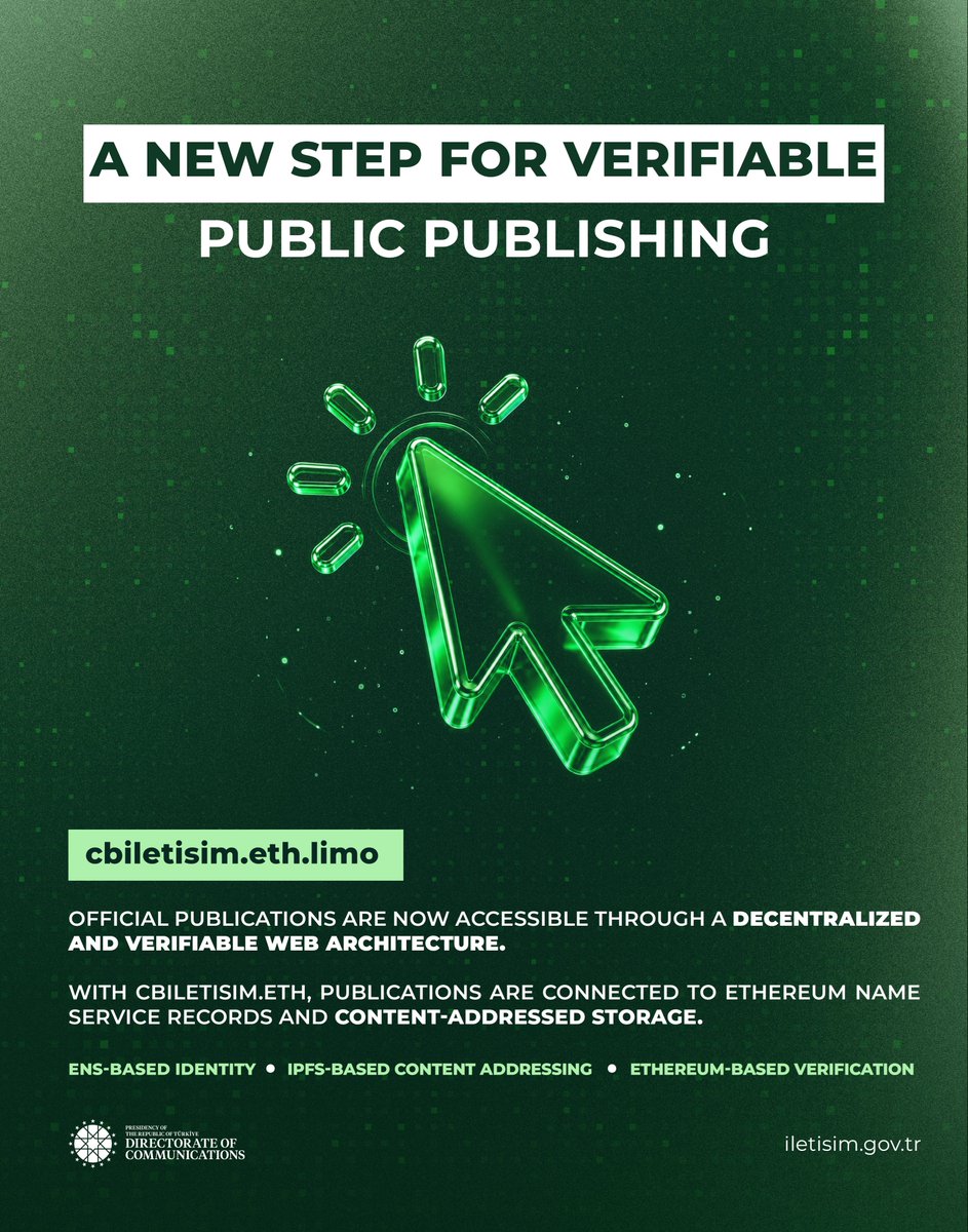 Communications's tweet photo. A new step for verifiable public publishing

Official publications are now accessible through a decentralized and verifiable web architecture.

The Presidency’s Directorate of Communications has redefined the standards of digital sovereignty, transparency, and efficiency.

With cbiletisim.eth, our publications are published to IPFS and referenced by an ENS name, so anyone can verify and retrieve them directly onchain.

https://t.co/HcRdaulJLu