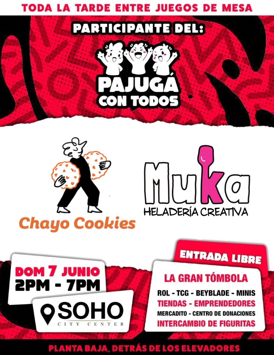 MukaHeladeria's tweet photo. Este domingo es PAJUGÁ CON TODOS ✨ De 2 a 7 p.m. en Soho City Center ✨ Juegos de mesa, mercadito, tómbola y nuestros COOKIE SUNDAES 🍦🍪✨ https://t.co/pG3C420dbj