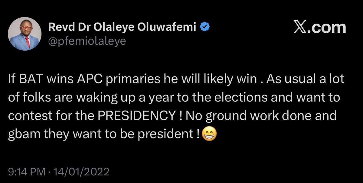 PrinceCokers's tweet photo. @IamAkinfolarin Shior! He is a batist. There is no way you will subtly mock someone who wants to be a president and think you are sitting on the fence. 

Iranu… https://t.co/i9bJpgNqwl