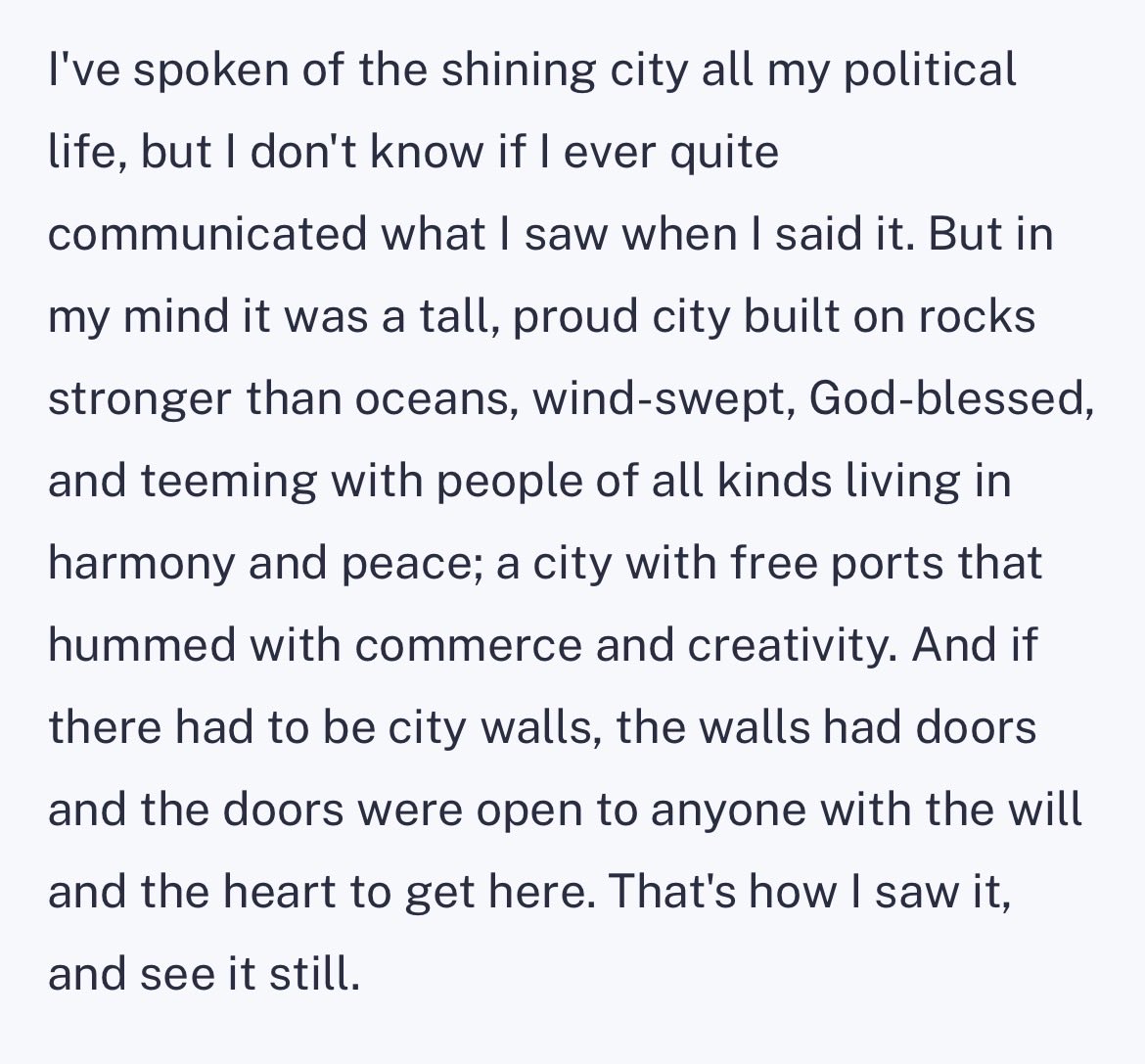 South_Down_IP's tweet photo. Right wing republican in 1989: “And if there had to be city walls, the walls had doors and the doors were open to anyone with the will and the heart to get here. That's how I saw it, and see it still.” https://t.co/cmsWVFLykk