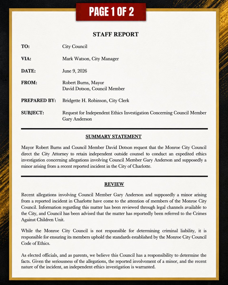 thelisametzger's tweet photo. Why Is Monroe Investigating Councilman Gary Anderson?
A Monroe City Council agenda item recommends directing the City Attorney to retain independent outside counsel to investigate allegations involving Gary Anderson and "supposedly a minor." Tuesday night, Council votes. https://t.co/860kZc6eBR