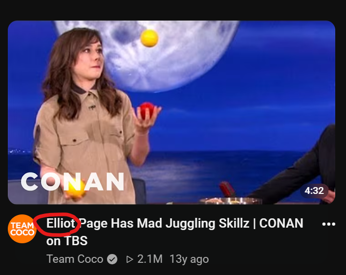 ymmugiwik's tweet photo. funny how they renamed old videos with Ellen Page as "Elliot" Page https://t.co/XJF1Rvy0Lu