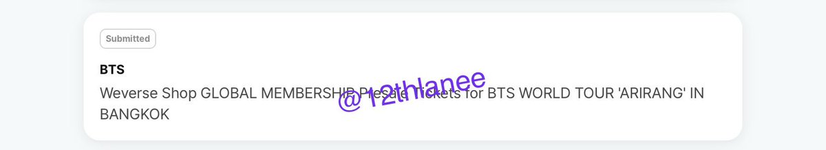 12thlanee's tweet photo. [ wtr wts for rent lfb ]

renting my army membership code for pre sale! (already secure my prio)

📍bangkok
 「 1 code good for 4 tixs 」

 💭 dm me! for price

# bts arirang world tour weverse kaohsiung
bangkok kuala lumpur hong kong melbourne
sydney jakarta bulacan https://t.co/IwA64nrTVF