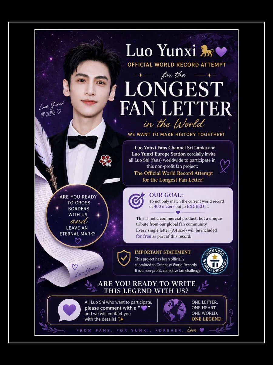 Sandi_B_'s tweet photo. A global fan letter for Luo Yunxi 💜 let’s make it legendary, 400 meters… and beyond 💜 are you ready to join us?!

If you also want to be part of this great project, then register at 
luo_yunxi_europe or luoyunxifanschannelsl at Instagram 
#luoyunxi #luoyunxi罗云熙 
#woldrecord https://t.co/bwritSHwvy