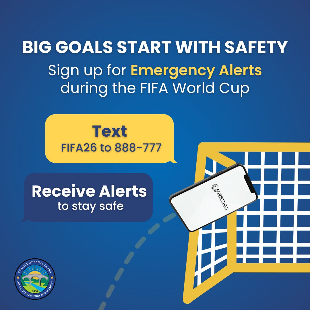 SCCOEM's tweet photo. The FIFA World Cup 2026 is coming to the Bay Area.  Stay informed and safe by signing up for emergency alerts. Text FIFA26 to 888‑777 to get alerts while the World Cup is here. Learn more at https://t.co/0BC9jIoV5P. https://t.co/ZsSbtlxNK3