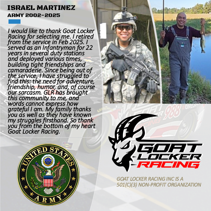 RacingLocker's tweet photo. Honored to welcome Israel Martinez to the Goat Locker Racing family! After 22 years of service in the Army —including multiple overseas deployments—Israel knows the true meaning of sacrifice, camaraderie, and resilience.  His story reminds us why we do what we do. #onelapatatime https://t.co/D1Vqy2UJ8J