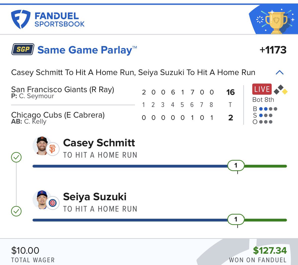 MissLettaC's tweet photo. Glad I waited on Seiya!!! #mlb #cashed https://t.co/HlONq2TKH6