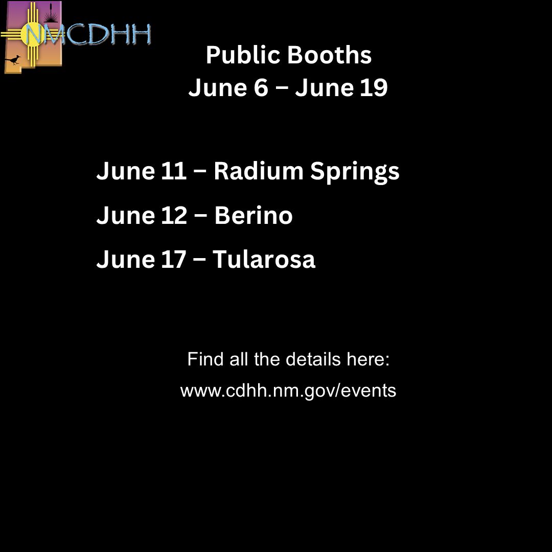 NMCDHH's tweet photo. Upcoming NMCDHH Booths - come see us at these events:
June 11 – Radium Springs
June 12 – Berino 
June 17 – Tularosa

Find all the details on our website: https://t.co/UfcpajtGND. https://t.co/BTkucjbxba
