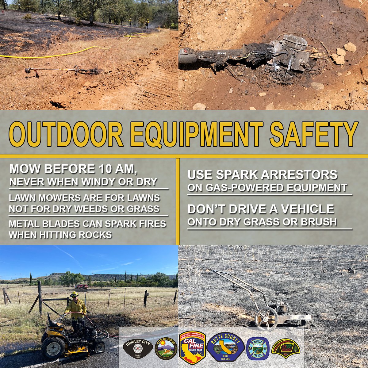 CALFIRE_ButteCo's tweet photo. It's heating up in Butte County, and now is the perfect time to remind residents to follow these safety tips:
Mow and use other power tools before 10 am
Use spark arrestors on gas-powered equipment
Don't drive or a vehicle on dry grass or brush
#OneLessSparkOneLessWildfire https://t.co/l1larlvxY2