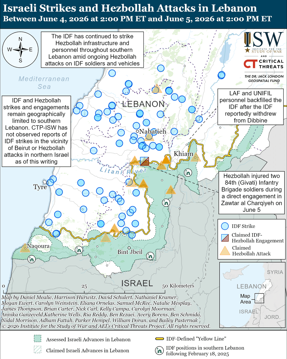 TheStudyofWar's tweet photo. NEW: Hezbollah and Iranian leaders continue to reject any ceasefire framework in Lebanon that does not meet their maximalist demand for total Israeli capitulation in Lebanon. Hezbollah and Iran’s maximalist demands seek to undermine US and Lebanese government efforts to end the conflict with Israel and restrict weapons to the Lebanese state.

Other Key Takeaways: 

Iran and Hezbollah continue to link Israeli capitulation in Lebanon to US-Iran negotiations to try to delay discussions about key points of disagreement between the United States and Iran, particularly Iran’s nuclear program and its efforts to control the Strait of Hormuz.

Iranian officials and media are highlighting the growing ties between the UAE and Israel, likely to try to exploit anti-Israel sentiment among Gulf states to drive a wedge between the UAE and its Gulf neighbors.
