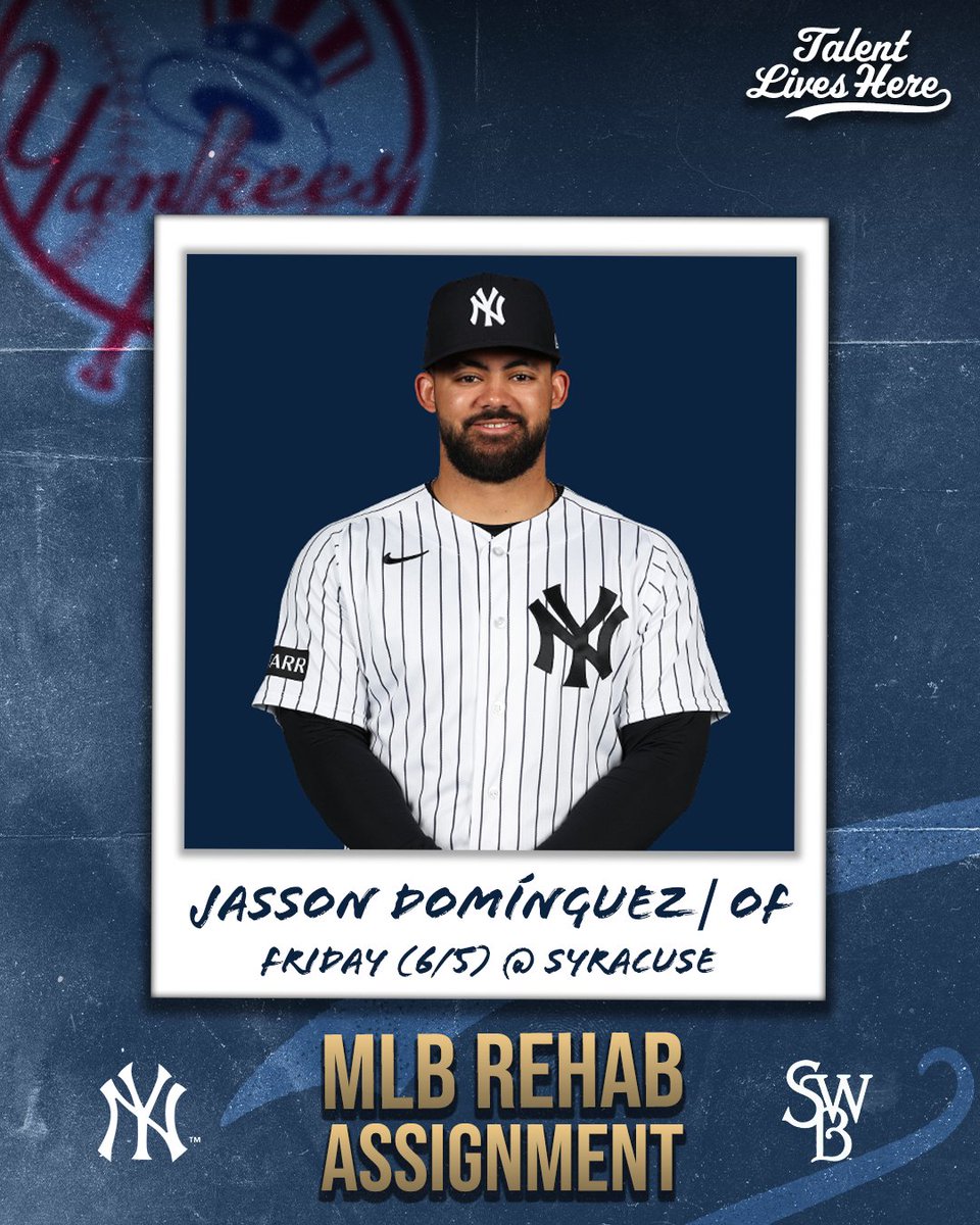 swbrailriders's tweet photo. The @Yankees have announced that outfielder Jasson Domínguez is currently scheduled for an MLB Rehab Assignment with Scranton/Wilkes-Barre tonight at NBT Bank Stadium.

First pitch is slated for 6:35 P.M. against the @SyracuseMets. https://t.co/cWEhUU9D7V