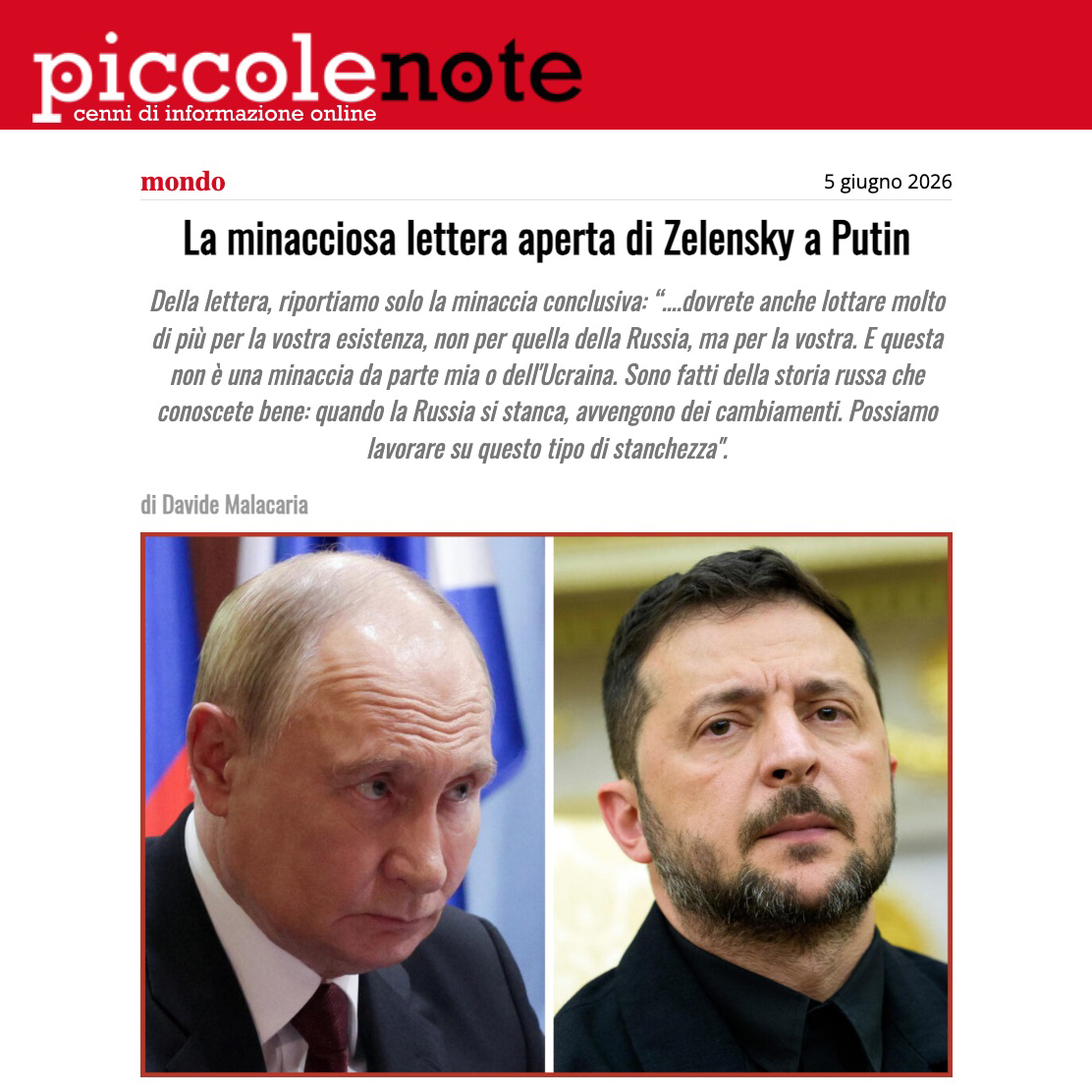 Piccole_Note's tweet photo. LA MINACCIOSA LETTERA APERTA DI ZELENSKY A PUTIN

La lettera aperta di Zelensky a Putin, spacciata come un tentativo di avviare un negoziato, è tutt’altro. Non un’apertura diplomatica, ma una sequela di vanterie, sfide, insulti, intimidazioni, bugie invero inspiegabile.

Non si comprende, infatti, a che scopo una tale missiva, che dice a Putin di prendere atto che la situazione della Russia è disastrosa sotto tutti i punti di vista, che gli accordi di Anchorage sono sepolti, e con essi Trump, e che lui stesso è finito o quasi e che deve affrettarsi ad accettare un negoziato alle condizioni di Kiev.

Queste le condizioni: un incontro tra i due presidenti in un Paese neutrale previo cessate il fuoco sulla linea del fronte con scambio di prigionieri nella formula “tutti per tutti”; un summit al quale deve partecipare una delegazione della Ue, perché ha “realmente la capacità di influenzare la situazione”, e degli Stati Uniti, di fatto solo comprimari inevitabili.

Non fa altro che ribadire le proposte pregresse di…

CONTINUA A LEGGERE ➡️ https://t.co/xRO1KImGL7