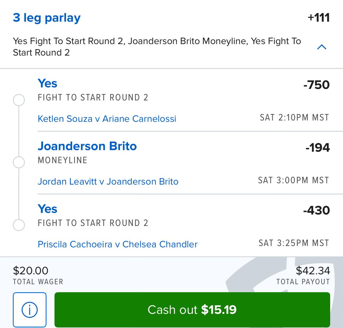 alejobets3's tweet photo. UFC Bets 

Priscila Cachoeira

Parlay1
Souza vs carnelossi round 2 to start 
Joanderson Brito 
Cachoeira vs chandler round 2 to start 

Parlay2
Fares ziam 
Brendan Allen https://t.co/FBdgSQ7RK0