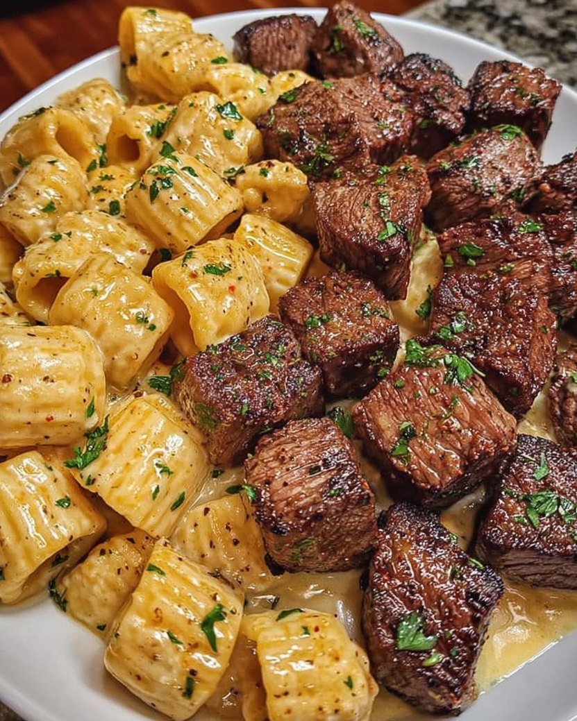 AmericaReal3's tweet photo. My REAL dinner:
Garlic-Butter Steak Bites over Alfredo Rigatoni..

would ya EAT THIS? 😂 https://t.co/1IjCsLmvDg