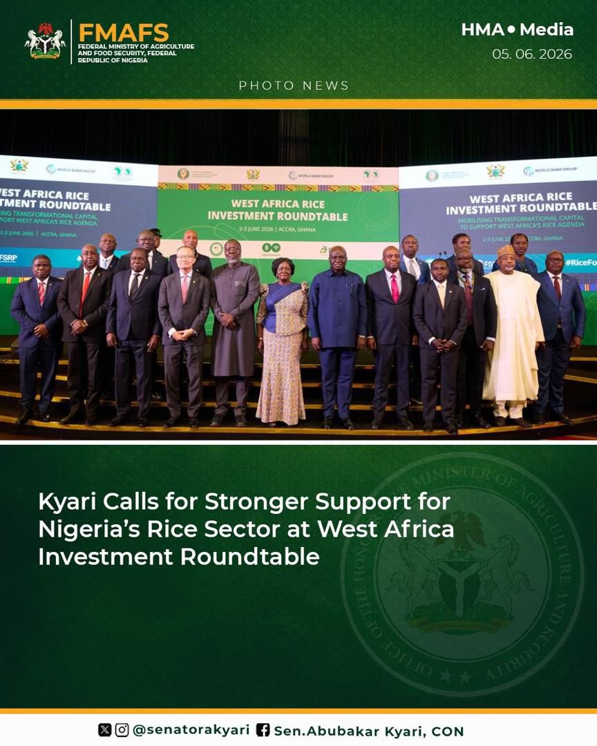 UMARDONGAS's tweet photo. @SenatorAKyari calls for Stronger Support for Nigeria’s Rice Sector at West Africa Investment Roundtable

Nigeria’s Hon, Minister of Agriculture and Food Security, @SenatorAKyari participated in the West Africa Rice Investment Roundtable held in Accra, Ghana, from 2–3 June 2026. https://t.co/dDn9R8pKWk