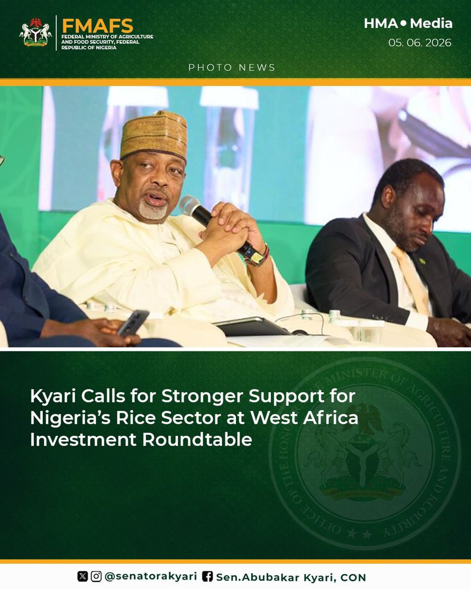 UMARDONGAS's tweet photo. @SenatorAKyari calls for Stronger Support for Nigeria’s Rice Sector at West Africa Investment Roundtable

Nigeria’s Hon, Minister of Agriculture and Food Security, @SenatorAKyari participated in the West Africa Rice Investment Roundtable held in Accra, Ghana, from 2–3 June 2026. https://t.co/dDn9R8pKWk