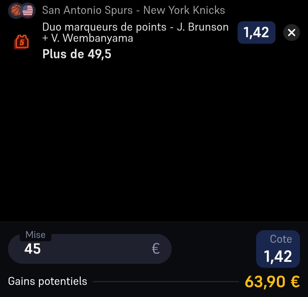 MultiPronos__'s tweet photo. 4ème pick Basket du soir 🏀
#NBA

🇺🇲 #PorVida 🆚️ #AlwaysKnicks

👉 Wemby + Brunson : +50pts en cumulé
📊1,42
💸4,5%
⏰2h45

Petit 🎁 pour tous ceux qui follow le compte aujourd'hui !

❤️/♻️ pour le soutien
#TeamParieur https://t.co/4TR47RJIzZ