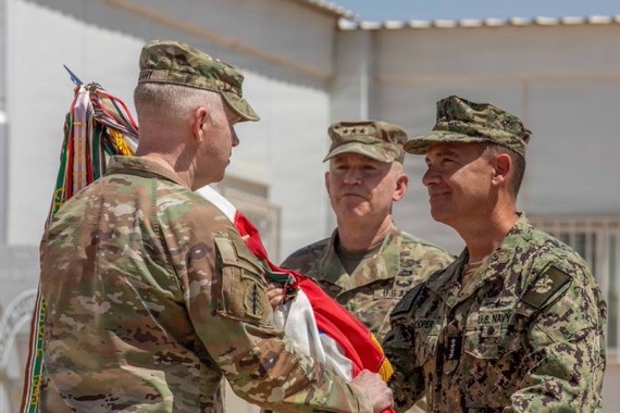 Osint613's tweet photo. U.S. Central Command (CENTCOM):

"During a recent trip to the Middle East, Adm. Brad Cooper, CENTCOM commander, met with senior leaders from Bahrain, Qatar, Kuwait and Jordan. He also met with deployed U.S. service members, recognized exceptional performers, and presided over the leadership transition for U.S. Army Central."