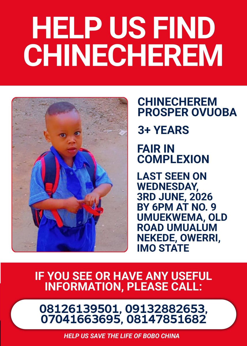 tym_rrck's tweet photo. Please share this message across your WhatsApp status and groups, Facebook pages and groups, Instagram stories, X Twitter &amp; other social media platforms. A single share could help bring this child home safely.

#FindChinecherem #MissingChild #owerri  #imostate #imostategovernment https://t.co/l2g00XAN4B