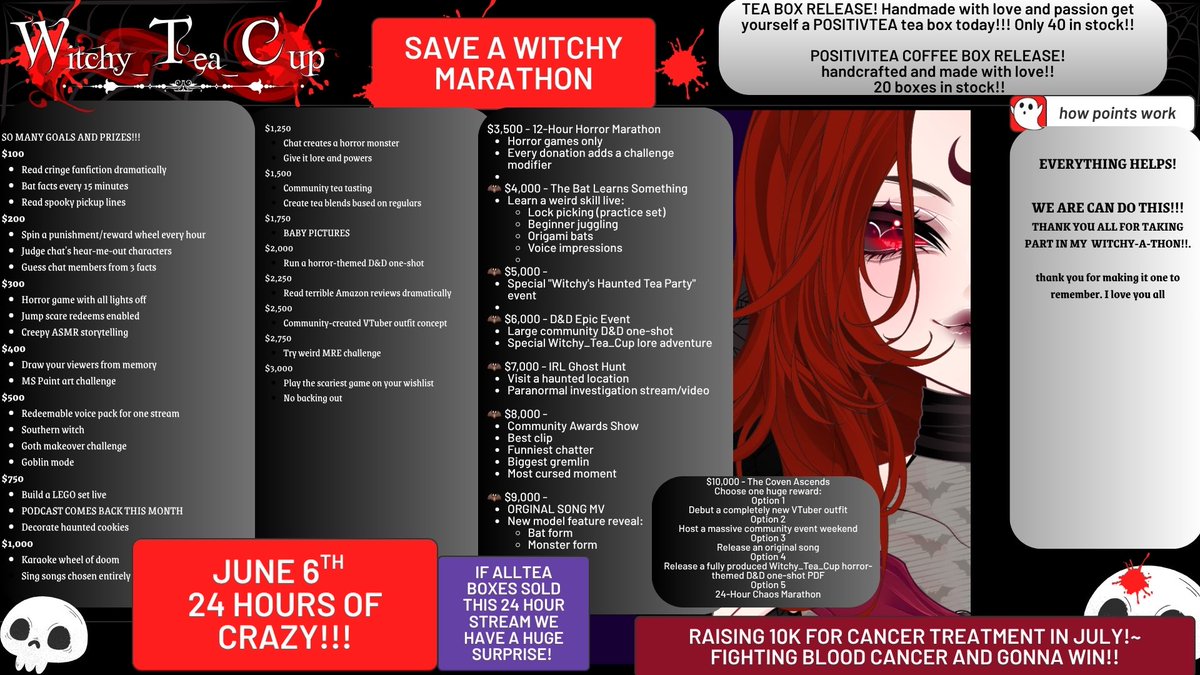 Witchy_Tea_Cup's tweet photo. i have so much to do still for tomorrows EVENT!~

SAVE A WITCHY MARATHON to raise funds for cancer treatment will be starting at 2:00pm cst!~ 

you wont want to miss all the chaos I promise you!!!~

Come by and have a great time with your Witchy!!!

THERE WILL BE GIVEAWAYS
PRIZES
AUCTIONS
TEABOX AND COFFEE BOX RELEASE
PLUSHIE RELEASE
NEW MERCH!
NEW MODELS!
GOALS AND PUNISHMENT WHEELS
AN AMAZING CONCERT
AND A CRAZY GOOD TIME!!

BE THERE!~