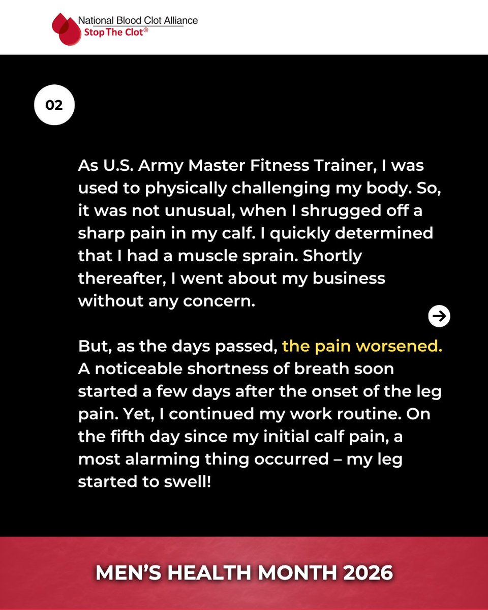 StopTheClot's tweet photo. 🪖 Being fit doesn't always mean being safe. A U.S. Army Master Fitness Trainer dismissed calf pain as a muscle sprain. It was a DVT and bilateral PE.
⚠️ Blood clots don't care how strong you are. Or how young. Or how often you work out.
💙 Calf pain that won't go away. Shortness of breath. Swelling. Get checked.
👉 https://t.co/y7hFmAbyat
#stoptheclot #menandbloodclots #MensHealthMonth2026