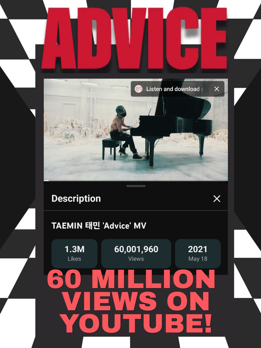 TaeminGlobal's tweet photo. [🎉]
👑TAEMIN_ADVICE has reached   60 Million Views on YouTube! 👑

▶️Keep streaming TAEMIN's MVs on YouTube! 🌐
▶️https://t.co/Y22ybWBq9d

#TAEMIN #태민 #テミン #泰民 https://t.co/y7sV41LEwx