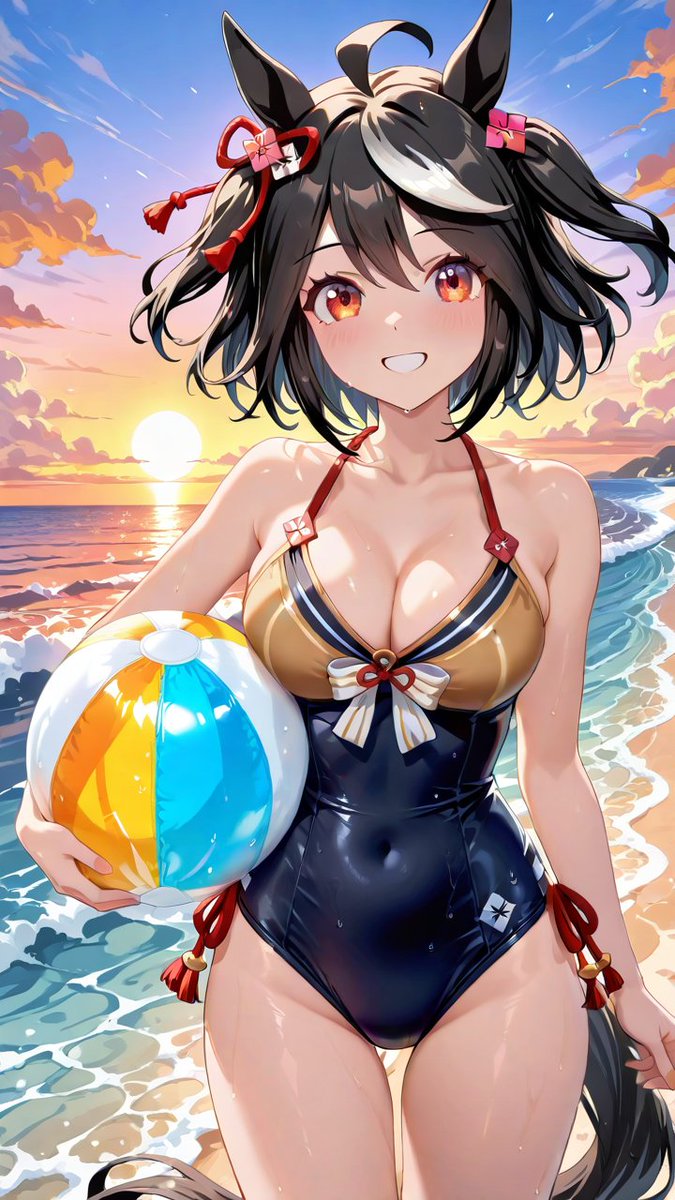 notes9999's tweet photo. 「トレーナーさん、見てください！夕日も海もキラキラです！……でも、今の私は景色よりも、トレーナーさんと遊ぶ方がずーっと楽しみです！さあ、私の全力サーブ、しっかり受け止めてくださいねーっ！」
#ウマ娘
#キタサンブラック
SWF illustration ／AIart
Umamusume: Pretty Derby／Kitasan Black https://t.co/e7L4gPEJLB