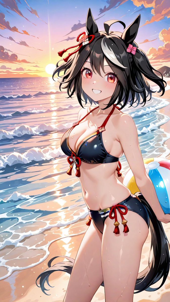 notes9999's tweet photo. 「トレーナーさん、見てください！夕日も海もキラキラです！……でも、今の私は景色よりも、トレーナーさんと遊ぶ方がずーっと楽しみです！さあ、私の全力サーブ、しっかり受け止めてくださいねーっ！」
#ウマ娘
#キタサンブラック
SWF illustration ／AIart
Umamusume: Pretty Derby／Kitasan Black https://t.co/e7L4gPEJLB