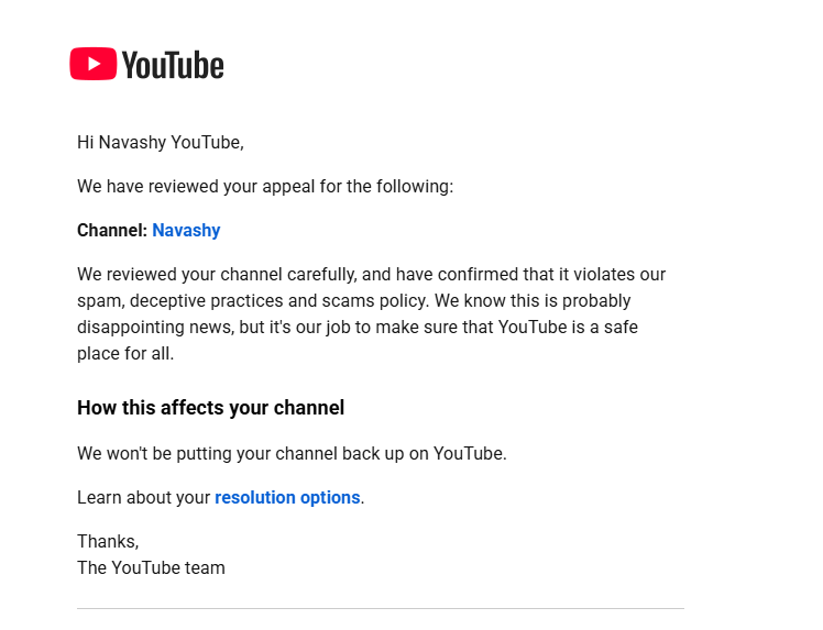 navashyy's tweet photo. I got banned on YouTube for unjustified reason.
My channel, 60k subs was banned without a reason, I appealed for recovery and they rejected me.
My work, 4 years of streams and unique videos was ruined by the YouTube Ai.
This is not normal.
@TeamYouTube https://t.co/dLRRHKd9WY