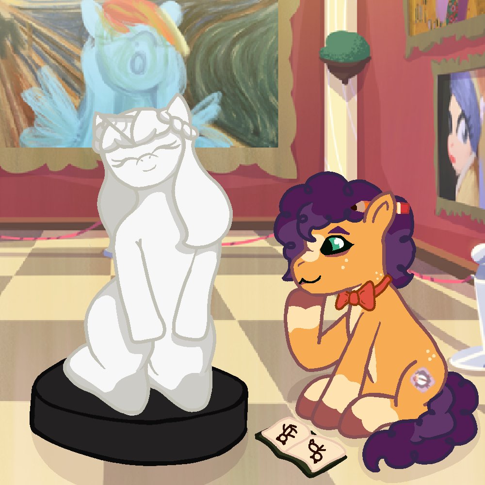 InvertedPapaya's tweet photo. Day 38 of Opaline's daily drawing. Orange Box is looking for inspiration in a beautiful Opaline statue. 
OC by: @dratecnologia, Thank you so much for participating and supporting me in my work.

#mlp #mlpg5 #mylittlepony https://t.co/LfIY5k0eOp