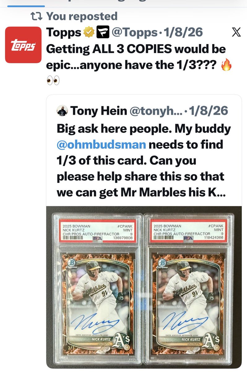 ohmbudsman's tweet photo. @smichael501 @BDKleinman @Topps Here is Topps post from january when i only had 2 copies. Actually i didn’t pull any of the 3 myself. I hunted them down for a year and a half and finally received the PSA 7 back this week to complete the run. I understand your point. Im astonished i was able to do it myself ! https://t.co/J3hnXNCdkQ