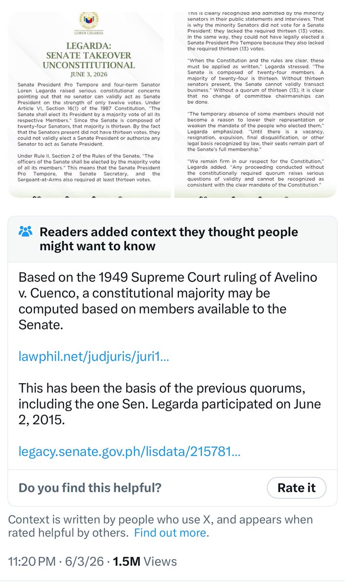 dailynetizen24's tweet photo. NAPAHIYA SI PARU-PARU LOREN LEGARDA SA X (formerly Twitter)

Na-COMMUNITY NOTES ang lola niyo matapos niyang ipagpilitan ang “13 votes to constitute a quorum” daw.

Ang sabi sa Community Notes kay Loren: “This has been the basis of the previous quorums, including the one Sen. Legarda participated on June 2, 2015.”

Ouch! Sa tanda na ni Loren sa senado, mga halos DALAWANG DEKADA na, pero either ULYANIN ang GG o dishonest lang talaga. Siguro hindi na niya maalala na PRESENT NA PRESENT siya sa APAT na session na kung saan 12 senators present constituted a quorum!