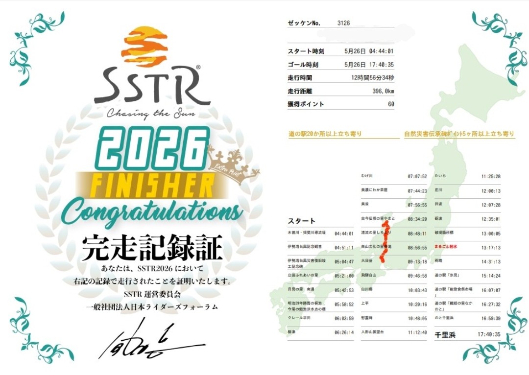 a_chi_mt25's tweet photo. SSTRの完走記録証が届いた〜！
楽しかったな！！
#SSTR2026 #SSTR https://t.co/CXyjnVeINd