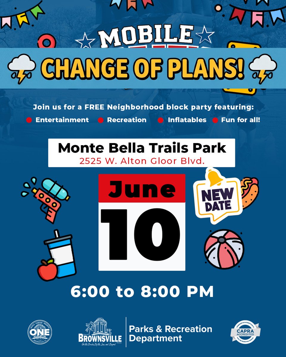 BTXParks's tweet photo. 🚨 Change of plans! Tonight's Mobile Rec Block Party is postponed due to rain &amp; wet park conditions to keep our community safe.

Swipe for the new date! ➡️ We’ll see you at Monte Bella Trails Park on Wed, June 10 (6-8 PM)! ☀️🎉 https://t.co/keVcEKIIT7