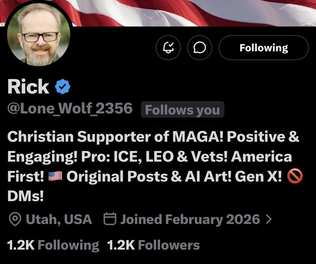 army1325air's tweet photo. Rick is honestly one of my favorites. Dude actually replies, engages, and follows back instead of acting too big to talk to people.

If you’re looking for somebody positive, pro-America, supports vets, and actually interacts with people… go give @Lone_Wolf_2356 a follow.

Good people deserve more support. Go show him some love. 🇺🇸