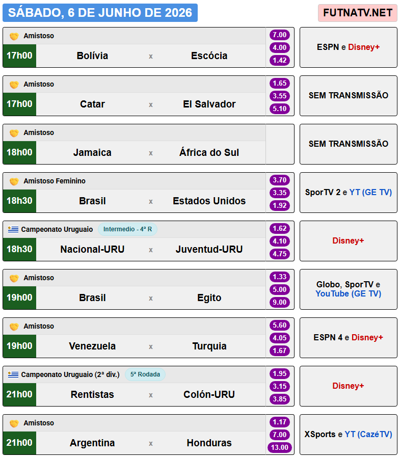 futnatv's tweet photo. A programação do futebol neste sábado (6/6/2026) https://t.co/0u7u0FgF5W