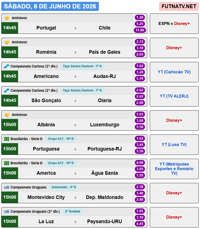 futnatv's tweet photo. A programação do futebol neste sábado (6/6/2026) https://t.co/0u7u0FgF5W
