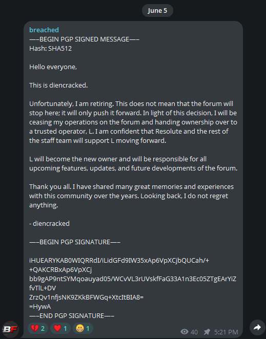 CTI__Updates's tweet photo. threat actor diencracked announces they will be stepping away from Breached forum. 

#osint #threatintel #breached https://t.co/mTc6mPmecB