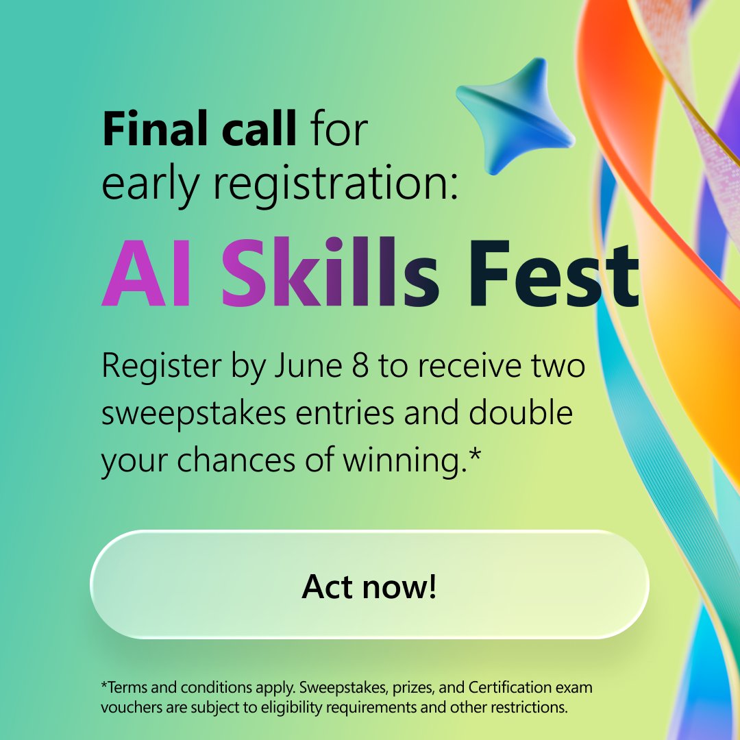 MicrosoftLearn's tweet photo. Final call for early registration 📢

AI Skills Fest is a no-cost, week-long learning event designed to make building AI skills feel clearer, more practical, and more approachable–for all roles.

Register early and get double sweepstakes entries for prizes.* https://t.co/7zgYkSp58L

Learn at no cost for live sessions, digital experiences, and on-demand content—earn a certification exam voucher as you complete an AI Skills Fest playlist, along with chances at other prizes.*

*Terms and conditions apply. Sweepstakes, prizes, and Certification exam vouchers are subject to eligibility requirements and other restrictions. https://t.co/jI4Laa51tu