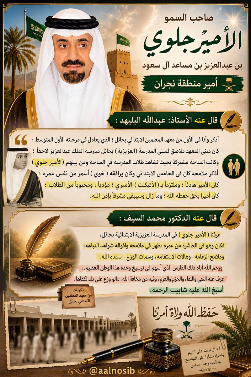 AAlnosib's tweet photo. «أخلاقٌ في الصغر .. قيادةٌ في الكبر»
❞نموذجٌ للأمير الذي جمع بين نبل الأصالة وحصافة الحداثة❝

▪︎ في التصميم -المرفق- شهادةٌ تاريخيةٌ جميلة، تنضح وتفيض بالوفاء والذكريات النقية التي تعكس جانباً من نشأة #حكيم_نجران_وحاكمها سمو سيدي #أمير_منطقة_نجران صاحب السمو الأمير الوالد #جلوي_بن_عبدالعزيز_بن_مساعد آل سعود (حفظه الله) رجل المراحل الصعبة.. #رمز_الصمود و #بطل_العاصفتين.

⁃ فما ذكره الأستاذ/ عبدالله البليهد، والدكتور/ محمد السيف؛ يُبرز عدة لفتات لافته عن شخصية سموه منذ صغره:

• النشأة التعليمية النظامية:
دراسته في مدرسة "#العزيزية" بحائل (مدرسة الملك عبدالعزيز لاحقاً) بين أبناء المنطقة، تعكس كيف كان ولاة الأمر يحرصون على دمج أبنائهم في المدا��س العامة، ليتعلموا جنباً إلى جنب مع الأهالي.

• الهيبة الفطرية والإلتزام:
وصفه بـ«الهدوء» والإلتزام بـ«الأتيكيت الأميري» وهو في الصف الخامس الإبتدائي، يدل على تربية رصينة ونضج مبكر، وضع أسس القيادة لشخصيته مستقبلاً.

• المحبة والتواضع:
شهادة زملائه بأنه كان «مؤدباً ومحبوباً من الطلاب» تؤكد أن الهيبة لم تكن تعني التعالي، بل كانت نابعة من حسن الخلق والأدب الجم.

⁃ مثل هذه الذكريات؛ تؤكد أن الحنكة والقيادة والقبول الذي يتمتع به اليوم سمو سيدي الأمير الوالد #جلوي_بن_عبدالعزيز_بن_مساعد في #إمارة_منطقة_نجران، هو مداداً لصفاتٍ أصيلة وثابتة نشأ عليها منذ مقتب�� عمره في أزهى فتراته.

حفظ الله سموه، وأعانه على أداء مهامه الجسام، وسدد على طريق الخير أمره وشأنه، قولاً وعملاً بالمرتكزات الأربع؛ المتمثلة في [العدل، والصدق، والأمانة، والإخلاص] لخدمة الدين ثم المليك والوطن إنساناً ومكاناً.

🇸🇦